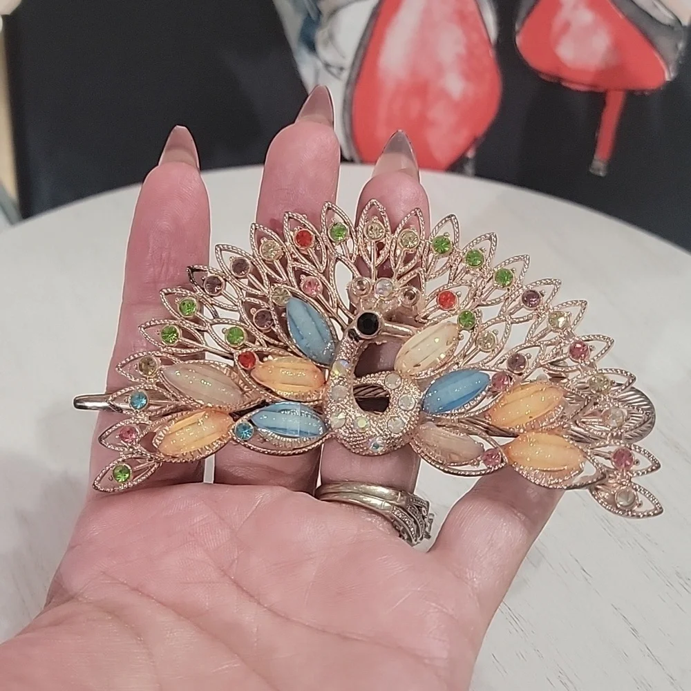 Peacock Multi Color Gemstone Alligator Hair Clip  Barrette Accessory